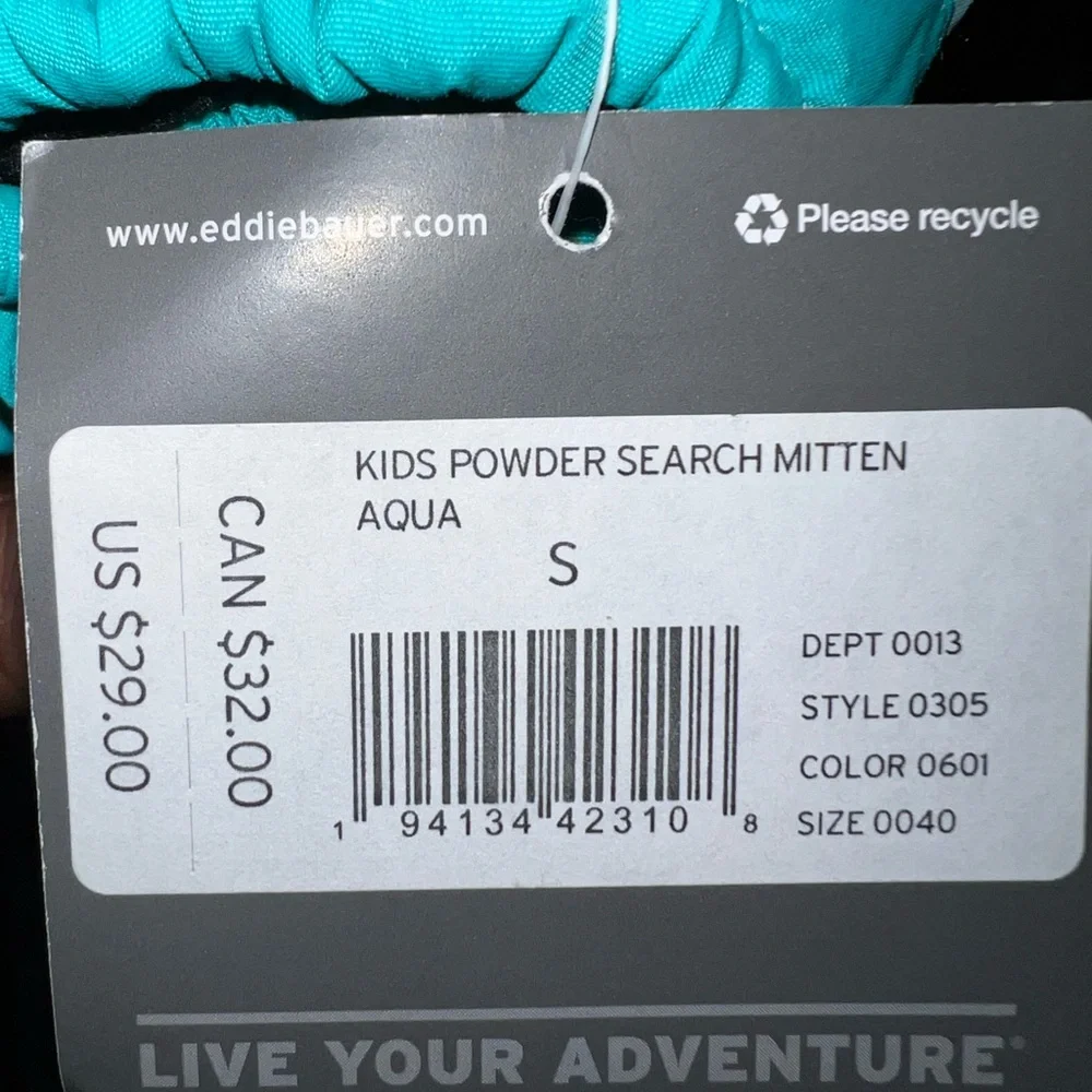 Eddie Bauer‎ Kids Powder Search Mitten Aqua Blue Green Small 0305 NEW